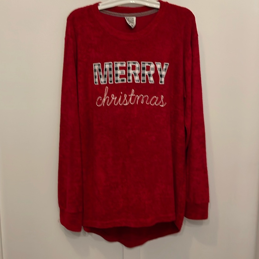 Merry Christmas Women Tunic Top 2X Red Embroidered Holiday Festive Warm Cozy